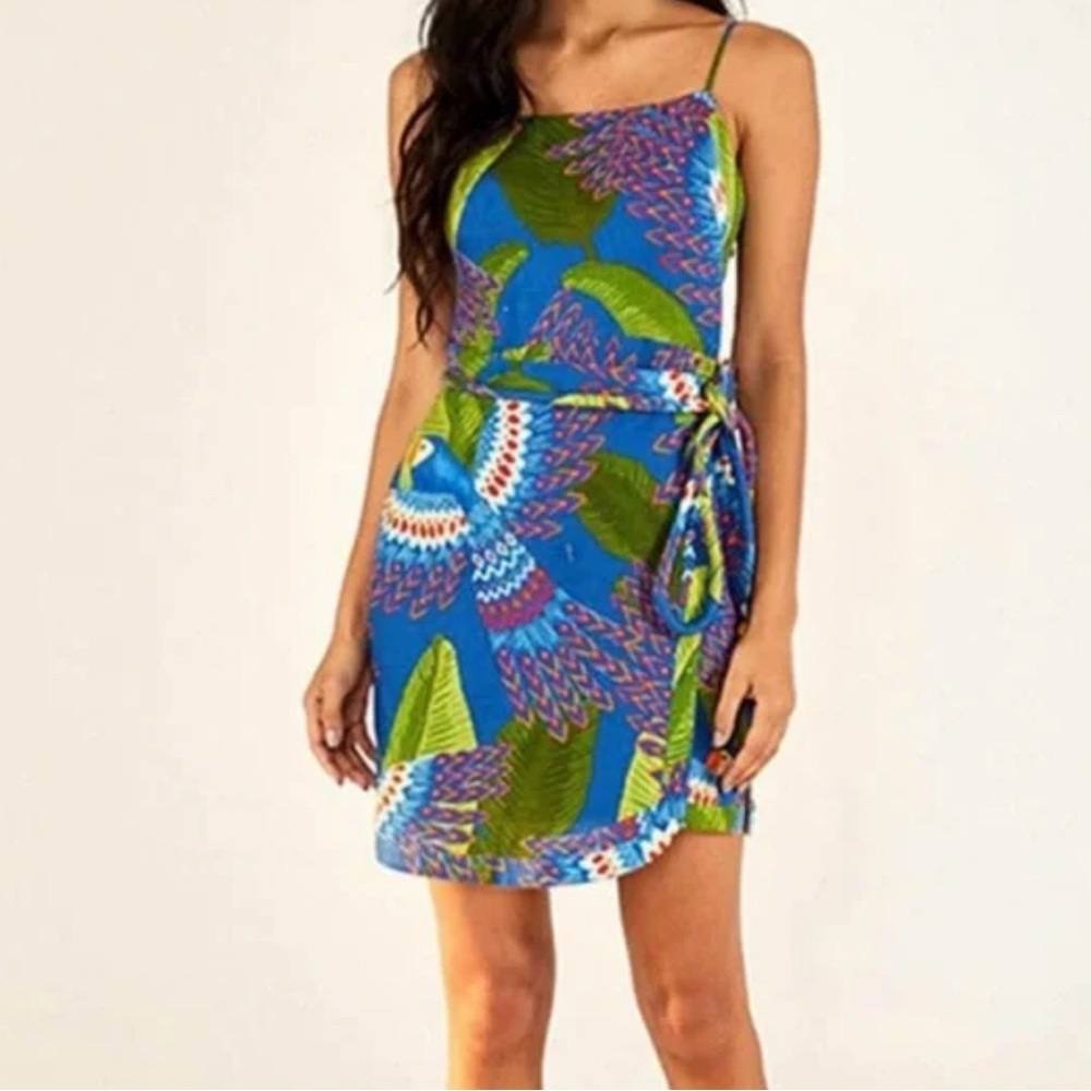 Farm Rio Linen Mini Wrap Blue Dress | Size Small (see desc. for measurements)